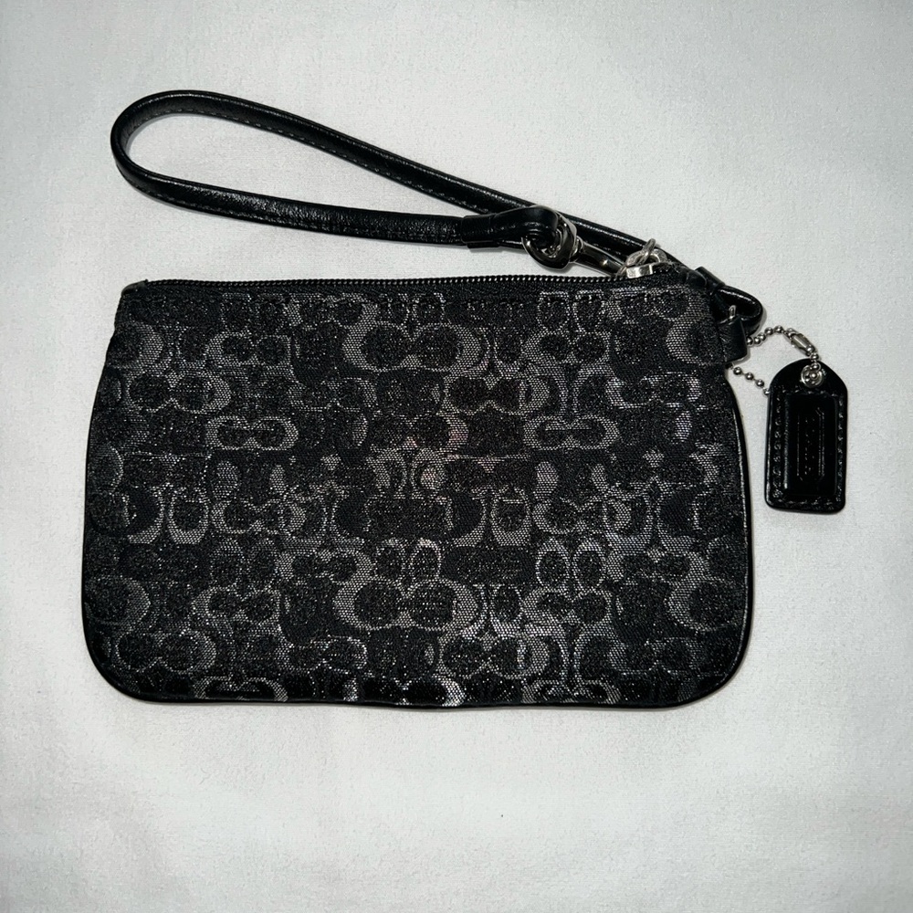Vintage Y2K Small Black and Silver Coach Logo Wristlet With Purple Interior.